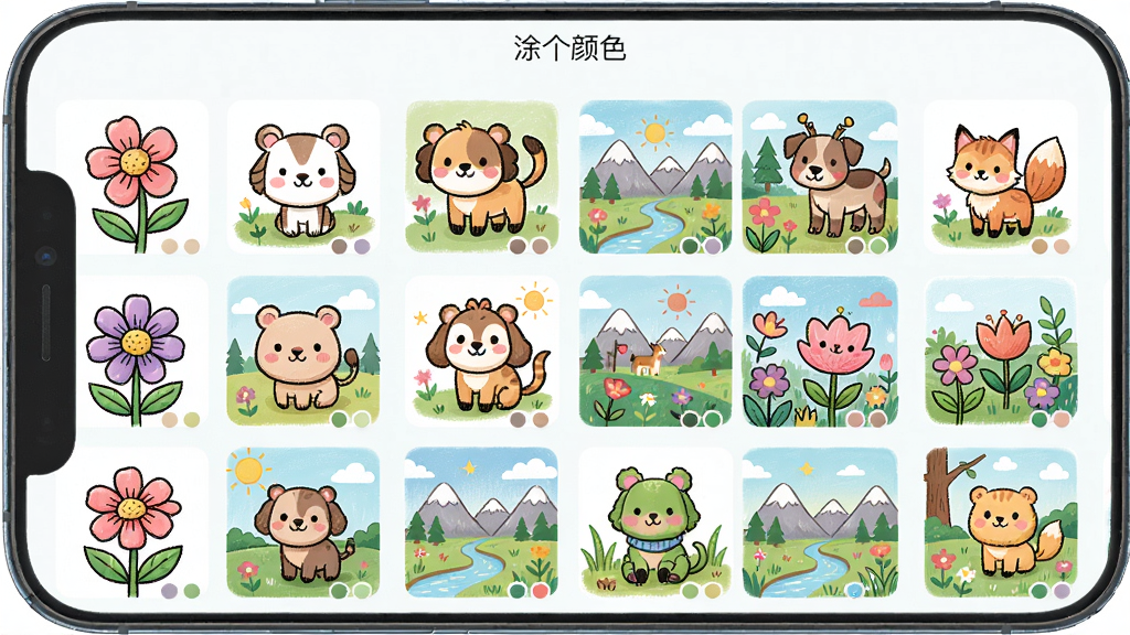 展示“涂个颜色”软件图库界面的截图,主体是手机屏幕上排列整齐的涂色图案缩略图,有花朵、动物、风景等,布局为网格状,排版简洁明了,风格清新可爱,细节上每张缩略图都显示不同的颜色预览,画质干净清晰,无多余元素。