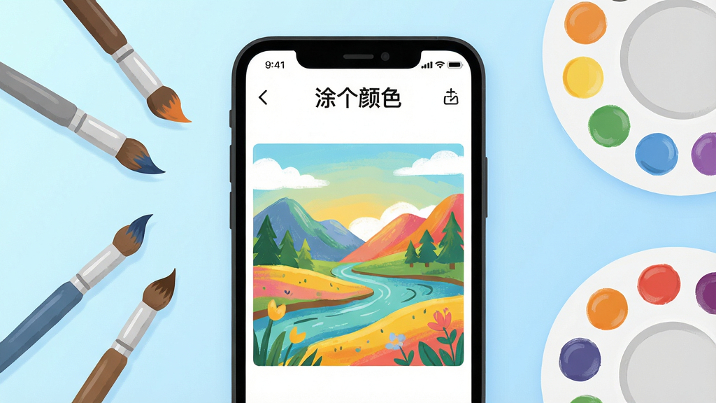 一幅清新明亮的手机应用宣传图,主体是“涂个颜色”软件界面,屏幕上展示一幅色彩斑斓的风景涂色画,旁边散落着几支数字画笔和调色盘,布局采用居中构图,背景是柔和的渐变浅蓝色,风格扁平化且带有手绘质感,细节上突出画笔笔触和颜色过渡自然,画质高清干净,无多余元素。