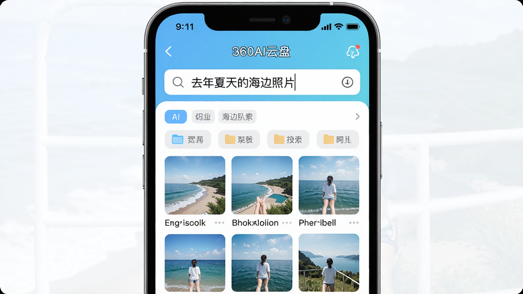 展示360AI云盘AI智能搜索功能的界面截图,主体为手机屏幕中的云盘应用,搜索框内输入“去年夏天的海边照片”,下方显示识别出的相关图片缩略图,布局为上下结构,排版清晰,风格明亮清新,细节包括AI识别标签和分类文件夹,画质高清,干净无多余元素,图片中文字需加引号。