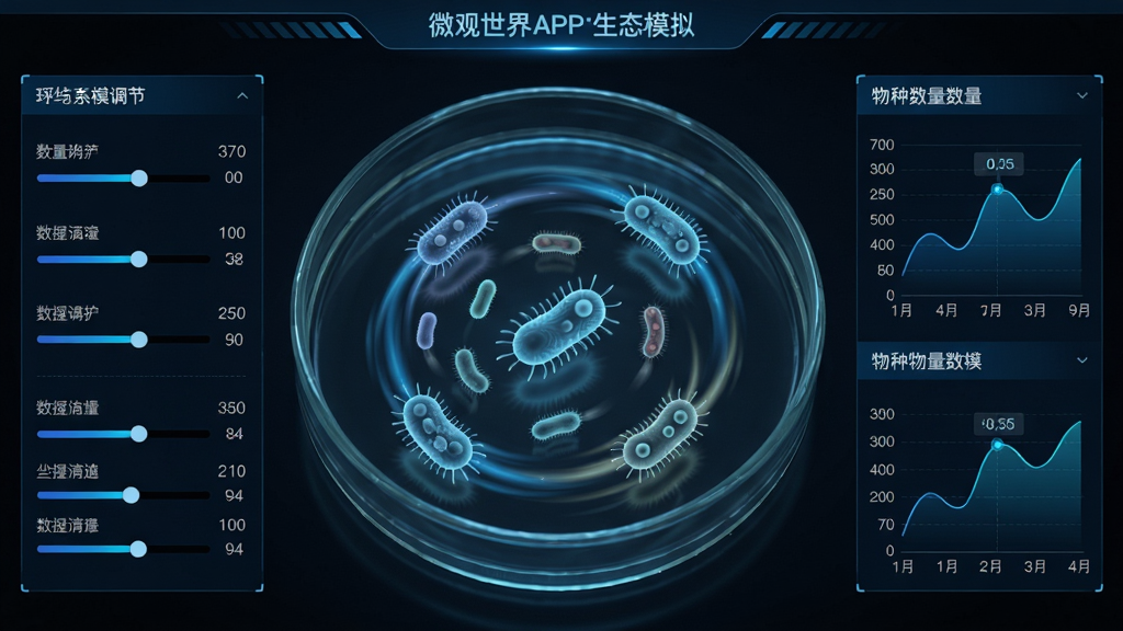主体:微观世界APP的生态系统模拟界面,展示一个培养皿中的多种微生物在动态互动。布局:培养皿占据画面主体,左侧有环境参数调节面板,右侧显示物种数量图表。排版:培养皿居中,面板与图表分列两侧,界面信息层次分明。风格:科技感界面,带有蓝色数据光效。细节:微生物带有运动轨迹,参数面板有滑块和数值,图表动态更新。画质:高清晰度,画面干净,无多余元素。