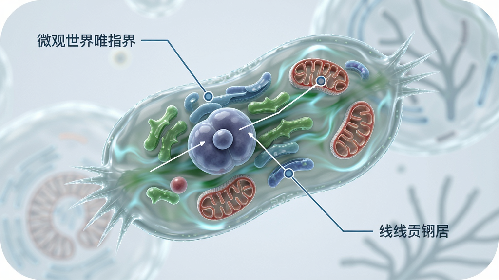 主体:微观世界APP的高清显微渲染画面,展示一个放大的草履虫内部结构。布局:草履虫占据画面中央,周围有细胞核、线粒体等细胞器标注。排版:主体居中,标注线清晰指向各个部分。风格:超写实3D渲染,带有柔和的光泽。细节:细胞膜半透明,内部结构立体清晰,有动态的细胞质流动效果。画质:极致高清,干净,无多余元素。