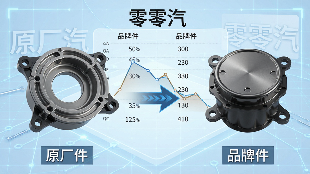 主体:两个汽车配件(一个原厂件、一个品牌件)并排对比,中间有箭头连接,背景为数据对比的图表。布局:左右对称,中心为对比信息,背景为淡蓝色科技网格。排版:配件下方标注“原厂件”与“品牌件”,上方有“零零汽”水印。风格:对比清晰、专业、简洁。细节:配件带有光泽感,数据图表以线条和数字为主。画质:高清渲染,干净,无多余元素。