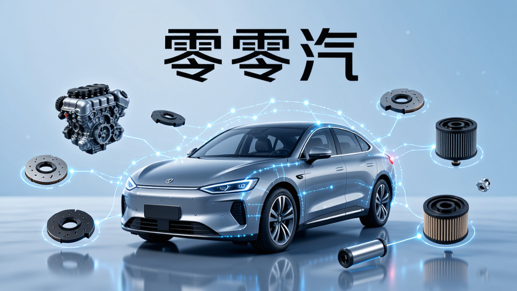 主体:一辆现代汽车被数字化的网络线条包围,周围漂浮着各种汽车零部件的3D模型,如发动机、刹车片、滤清器等。布局:汽车居中,零部件环绕分布,背景为简洁的蓝色科技渐变。排版:画面中央偏上位置显示“零零汽”字样,字体为现代感的中文黑体。风格:科技感、专业、明亮。细节:零部件带有发光边缘,线条流畅,整体呈现数据连接效果。画质:高清渲染,干净,无多余元素。