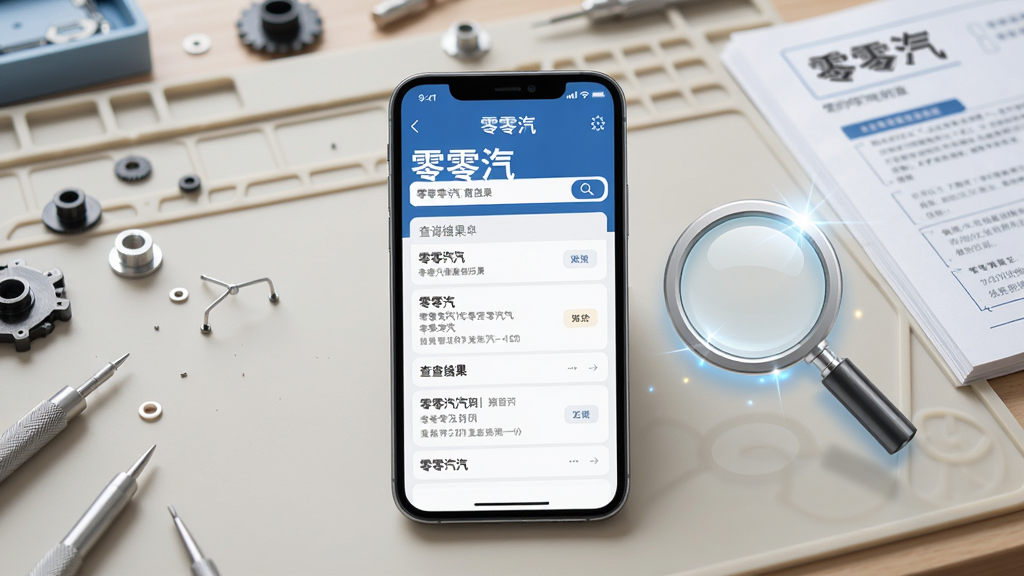 主体:一部智能手机屏幕显示零零汽的查询结果页面,旁边有一个放大镜图标。布局:手机在画面中央,背景为浅色工作台,有零件和手册。排版:屏幕上有“零零汽”字样和查询结果列表。风格:实用、清晰、明亮。细节:手机屏幕内容完整,放大镜图标带有光效。画质:高清,干净,无多余元素。