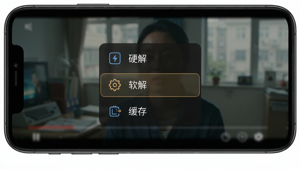 主体:高清万能视频播放器在手机上播放视频,屏幕显示设置菜单,包括“硬解”“软解”“缓存”选项。布局:菜单弹出,背景视频虚化。排版:列表清晰,选项带图标。风格:简洁实用,深色主题。细节:当前选项高亮。画质:清晰干净。