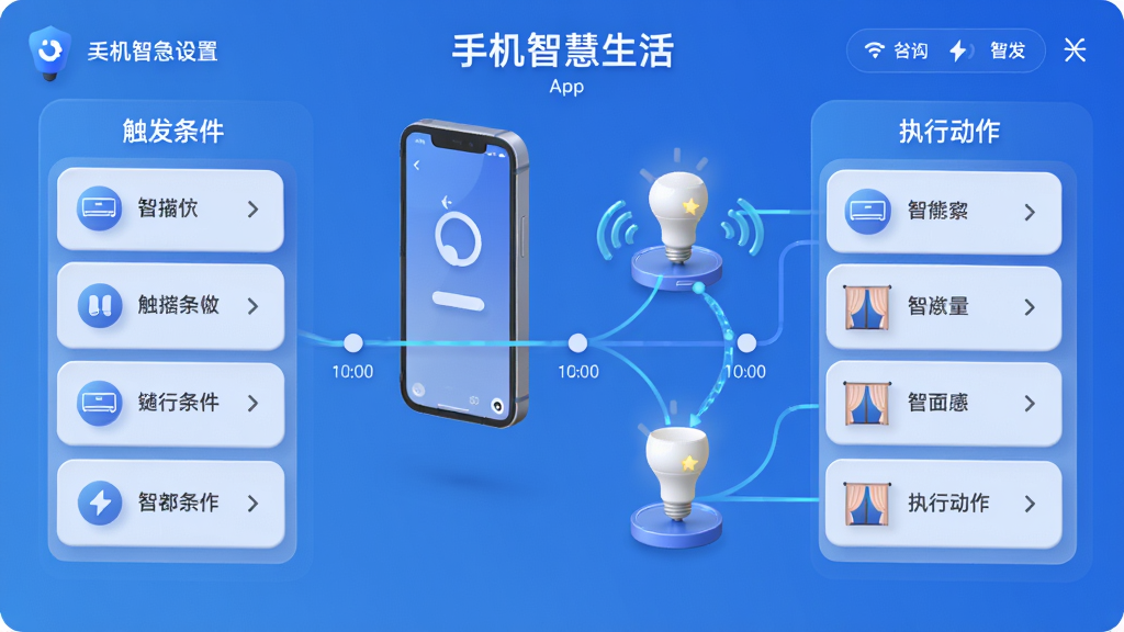 主体为“手机智慧生活”App的智能场景设置界面,布局为时间轴与条件逻辑连线图,排版左侧是触发条件列表,右侧是执行动作列表,风格为科技感蓝色调的3D渲染图,细节包括手机与智能灯泡、空调、窗帘之间的无线信号连接线,画质精致干净,无多余元素