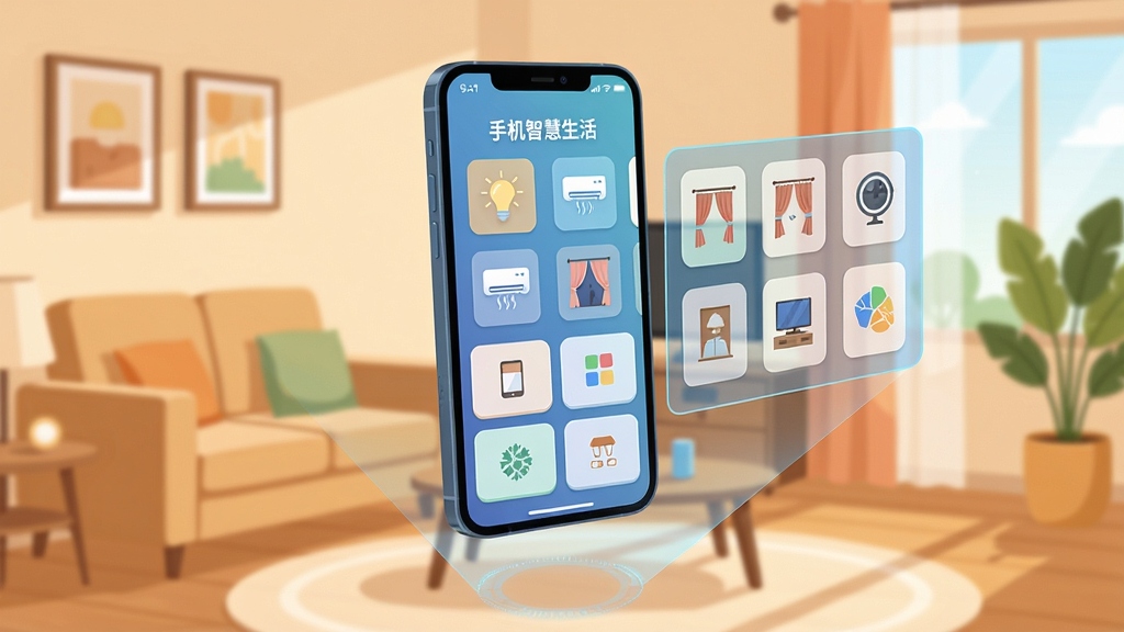主体为一部智能手机悬浮在温馨客厅中央,屏幕显示“手机智慧生活”App控制界面,界面内有灯光、空调、窗帘等图标,布局为左右分栏,排版上方为状态栏,下方为功能卡片,风格为现代扁平化插画,细节包括手机投影出全息智能家居控制面板,画质高清干净,无多余元素