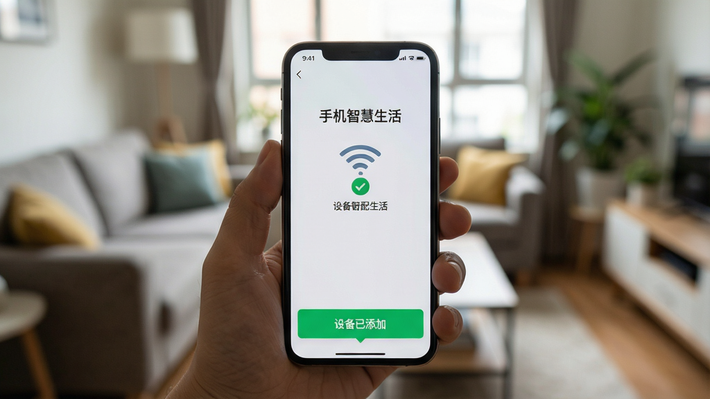 主体为一部手机握在用户手中,屏幕显示“手机智慧生活”App的配网成功提示界面,背景为模糊的客厅环境,布局为手机居中,排版包括底部弹出的“设备已添加”绿色横幅,风格为写实摄影风格,细节包括Wi-Fi信号图标与对勾标识,画质清晰自然,无多余元素