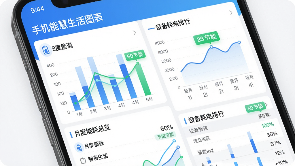 主体为“手机智慧生活”App的能耗统计图表界面,布局为柱状图与折线图结合,排版包括月度能耗总览与设备耗电排行,风格为商务简洁的数据可视化风格,细节包括电量百分百图标与绿色节能标签,画质高清明亮,无多余元素