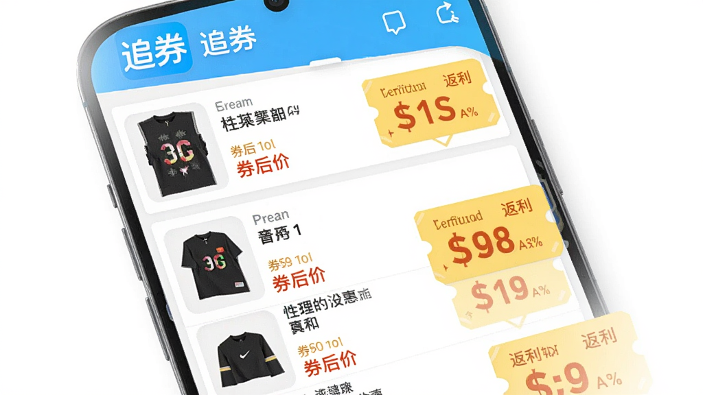 追券App界面截图预览图,主体为手机屏幕展示商品列表与优惠券信息,布局以上下滚动列表形式呈现,排版整齐,每件商品展示缩略图、名称、券后价与返利金额,风格简洁清晰,细节突出“追券”品牌标识,画质高清干净,无多余元素