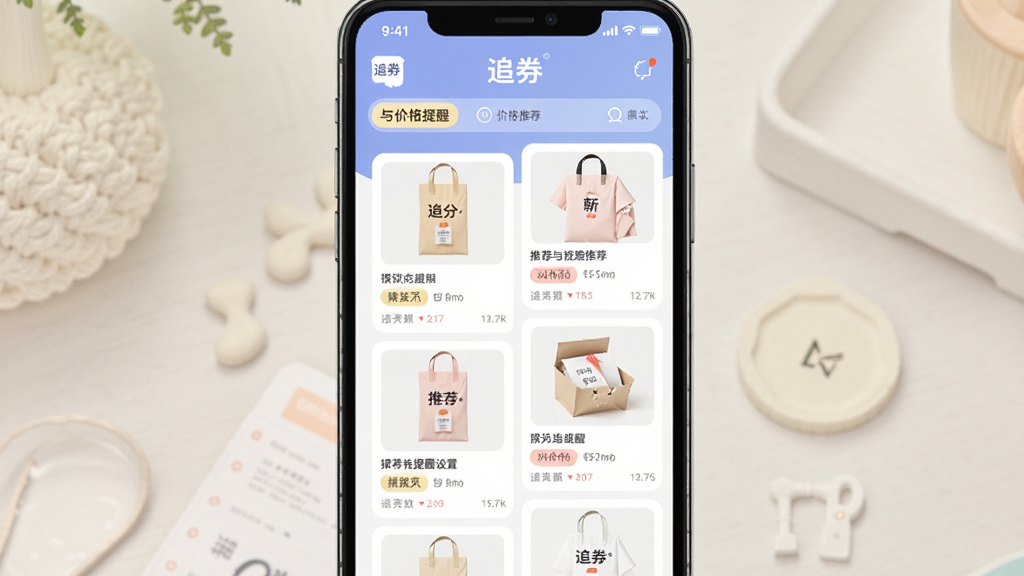 追券App个性化推荐功能预览图,主体为手机界面展示推荐商品卡片与价格提醒设置,布局以瀑布流形式排列,色彩柔和,风格清新,细节突出“追券”名称与推荐标签,画质细腻干净,无多余元素