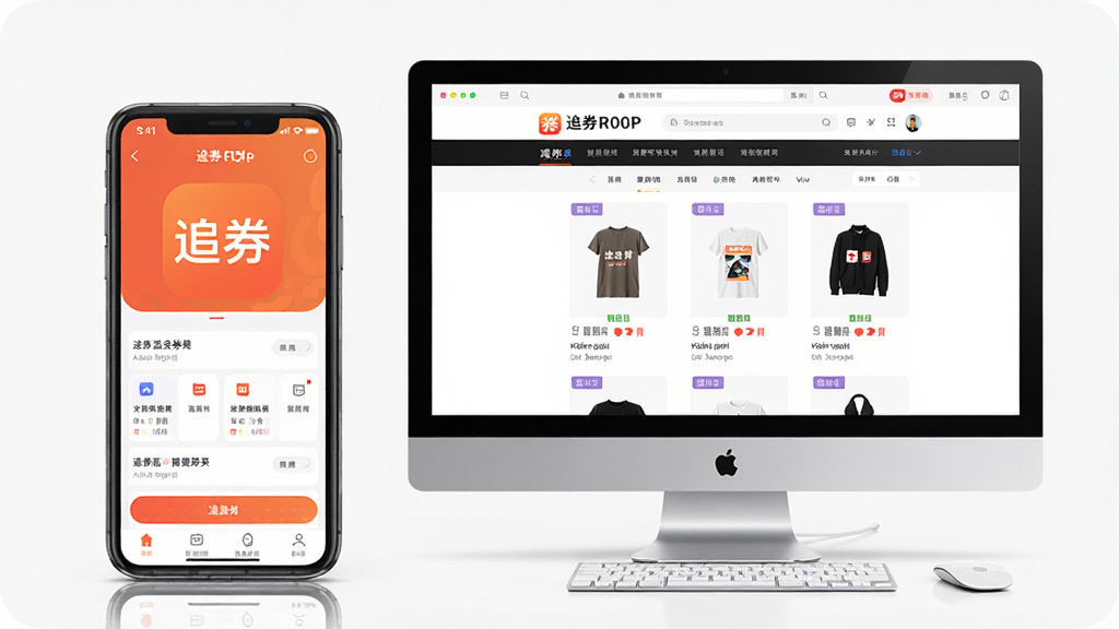追券App使用教程场景图,主体为一部手机与电脑并排展示,手机屏幕显示追券App主界面,电脑屏幕显示购物网站,布局左右对称,风格写实,细节突出“追券”logo,画质高清,干净无多余元素