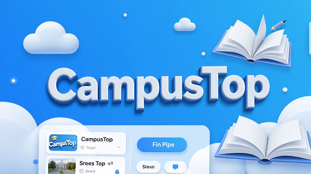 画面主体为CampusTop英语学习应用的品牌展示界面,中央位置以立体字形式呈现