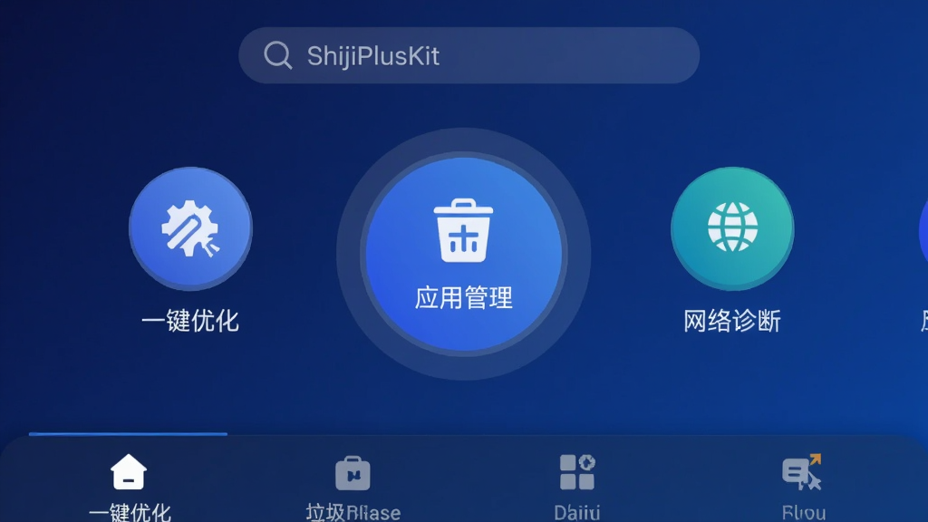 一张高清的智能手机屏幕截图,屏幕中央显示ShijiPlusKit主界面,界面采用深蓝色渐变背景,顶部有搜索栏,中间是圆形大图标,分别标注“一键优化”、“垃圾清理”、“应用管理”、“网络诊断”,底部有四个选项卡,整体布局简洁现代,风格科技感强,画质清晰干净,无多余元素