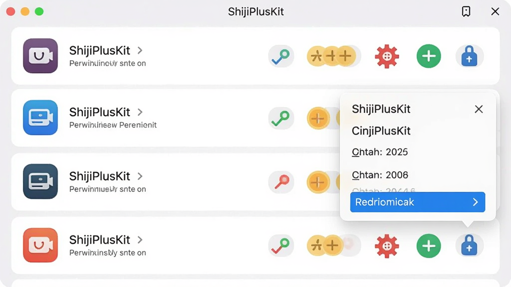 一张ShijiPlusKit应用权限管理功能的界面截图,界面显示一个应用列表,每个应用右侧有权限图标,点击后弹出权限设置面板,背景为浅色,列表布局清晰,权限图标颜色鲜艳,风格简洁美观,画质清晰干净,无多余元素
