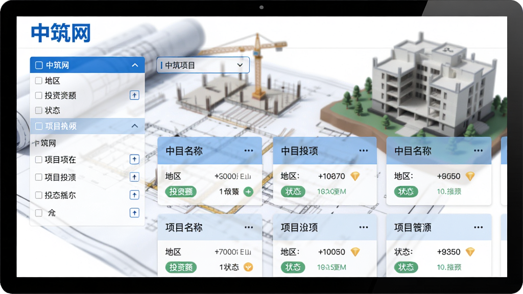 中筑网项目筛选页面截图,界面展示多级筛选菜单与项目卡片列表,每张卡片包含项目名称、地区、投资额、状态标签,背景为模糊的工程图纸与建筑模型,整体风格清爽专业,蓝色高亮显示“中筑网”字样,画质清晰,无多余元素