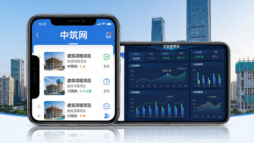 中筑网App主界面展示,手机屏幕内显示建筑工程项目列表与实时数据看板,背景为现代化城市建筑群,整体布局简洁清晰,采用蓝白主色调,风格专业商务,画面干净明亮,突出“中筑网”品牌标识,画质高清,无多余元素