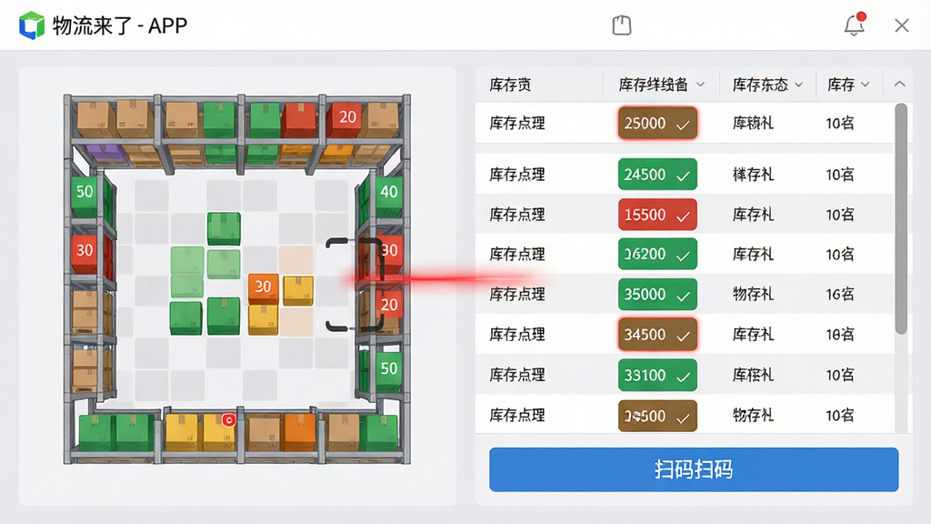 主体:物流来了APP仓储管理界面,显示货架示意图和库存列表;布局:左侧为货架俯视图(网格状),右侧为库存明细表,底部有扫码按钮;排版:左右分栏,表格行高适中,货架用色块区分热度;风格:简约商务,浅灰背景,绿色和红色标识库存状态;细节:扫码框有红色激光线,表格有滚动条,货架色块标注数量;画质:高清,干净,无多余元素