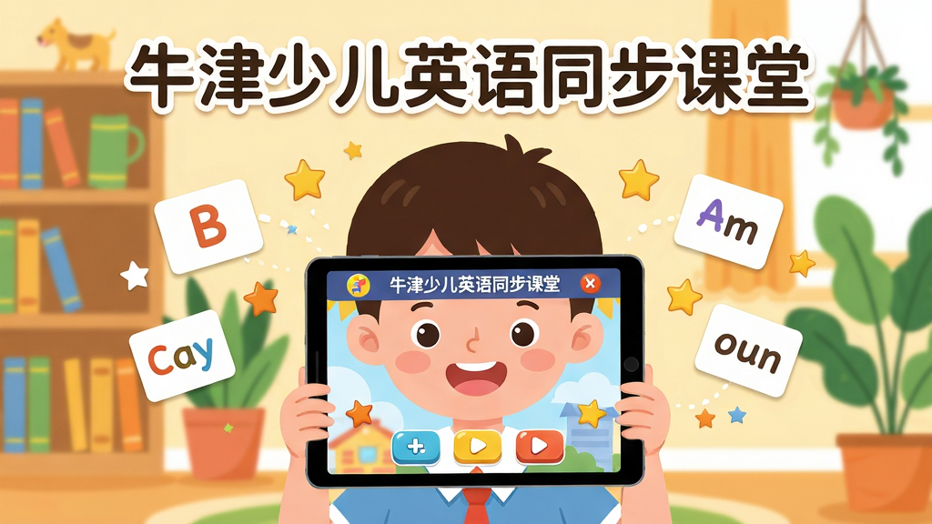 画面主体为一名可爱的小学生正拿着平板电脑开心地学习英语,平板上显示“牛津少儿英语同步课堂”的彩色界面,周围漂浮着字母、单词卡片和小星星。布局采用中心构图,背景是明亮温馨的儿童书房,有书架和绿色植物。排版上,标题文字“牛津少儿英语同步课堂”置于图片上方居中,字体圆润活泼。风格为扁平插画风,色彩鲜艳明快,细节包含孩子专注的笑容和屏幕上的互动按钮。画质清晰干净,无多余元素。
