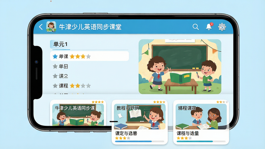 图片主体为打开的手机应用界面,显示“牛津少儿英语同步课堂”的教材目录页,左侧是单元列表,右侧是精美的卡通插画。布局采用上下分屏,上方是应用名称和导航栏,下方是课程卡片瀑布流。排版简洁清晰,每个课程卡片有标题和配图。风格为清新教育风,背景浅蓝色,细节包含星星评分和进度条。画质高清,干净无多余元素。