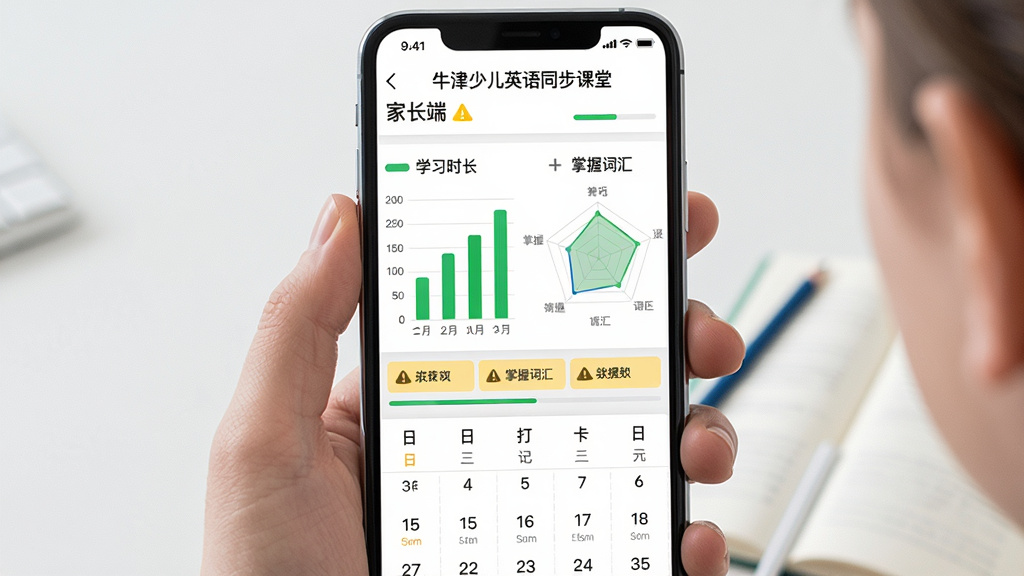 主体为家长手机端查看学习报告的界面,屏幕上有柱状图和雷达图,显示“学习时长”“掌握词汇”等数据。布局为手机竖屏截图,上方是“牛津少儿英语同步课堂”家长端,下方是日历打卡记录。风格为简约商务风,背景白色,细节包含绿色进度条和黄色警告提示。画质清晰,干净无多余元素。
