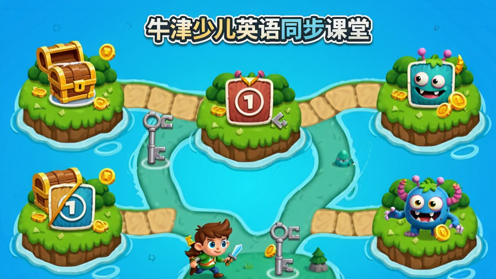 画面主体为游戏化闯关地图,一条弯曲的路径连接多个岛屿,每个岛屿上有一个英语关卡图标。布局为横向卷轴式,上方有“牛津少儿英语同步课堂”的Logo,下方是角色和怪物。风格为卡通冒险风,色彩丰富,细节包含宝箱、钥匙和金币。画质细腻,干净无多余元素。