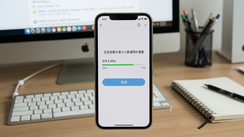 图片主体为手机安装应用的过程截图,屏幕显示“正在安装牛津少儿英语同步课堂”进度条。布局为手机居中,背景是工作桌面,有电脑和笔记本。风格为写实摄影风,细节包含进度条百分比和“完成”按钮。画质清晰,干净无多余元素。