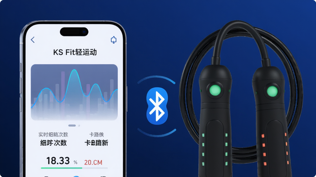 主体:一部智能手机与一款智能跳绳产品并排展示,手机屏幕显示