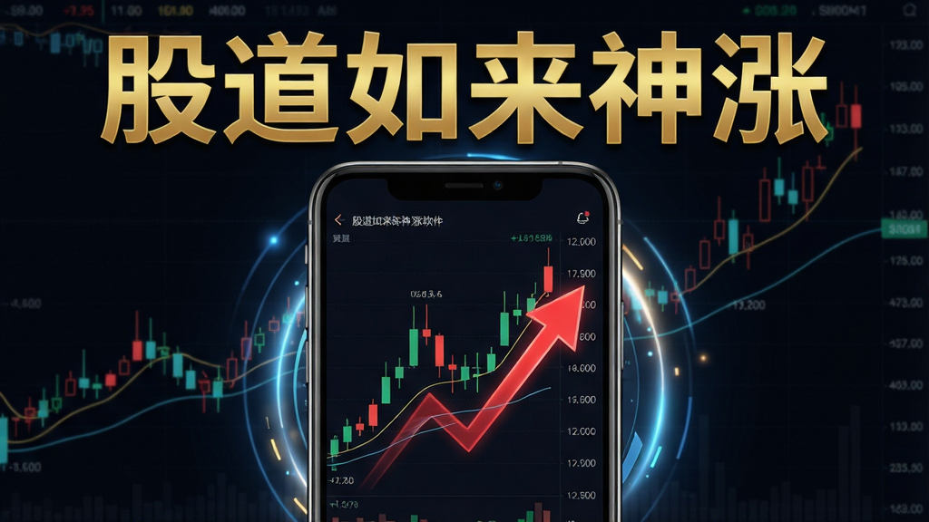 主体:股道如来神涨软件界面在手机屏幕上显示,背景为深色股市行情图表,上方有金色“股道如来神涨”字样。布局:手机居中,屏幕内显示K线图与红色上涨箭头,周围有科技感光效。排版:干净简洁,突出软件名称与图表。风格:现代科技风,高对比度。细节:图表线条流畅,数字清晰,金色字样醒目。画质:高清渲染,干净无多余元素。