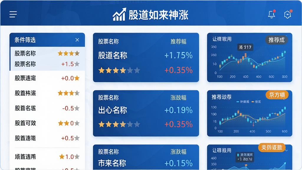 主体:股道如来神涨软件内智能选股功能页面,屏幕显示股票列表与评分。布局:左侧为条件筛选栏,右侧为股票卡片,顶部有“股道如来神涨”品牌标识。排版:列表清晰,卡片信息包含股票名称与涨跌幅。风格:商务蓝风格,数据可视化图表。细节:评分星级与推荐标签醒目。画质:高分辨率,干净整洁。