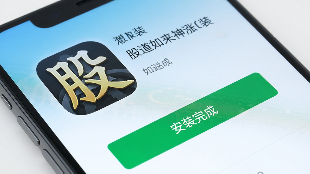 主体:手机屏幕显示股道如来神涨安装界面,有“安装完成”提示。布局:手机倾斜放置,屏幕高亮显示软件图标。排版:简洁,突出图标与名称。风格:清爽明亮。细节:图标有金色“股”字。画质:高清晰,无多余元素。