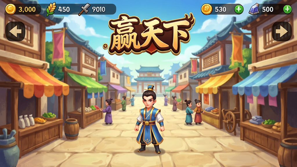 游戏主界面截图,展示繁华的古代城市街道,商铺林立,玩家角色站在中心,头顶显示“赢天下”Logo,界面布局清晰,有金币、粮食、兵力等资源栏,画风细腻,色彩明亮,干净无多余元素