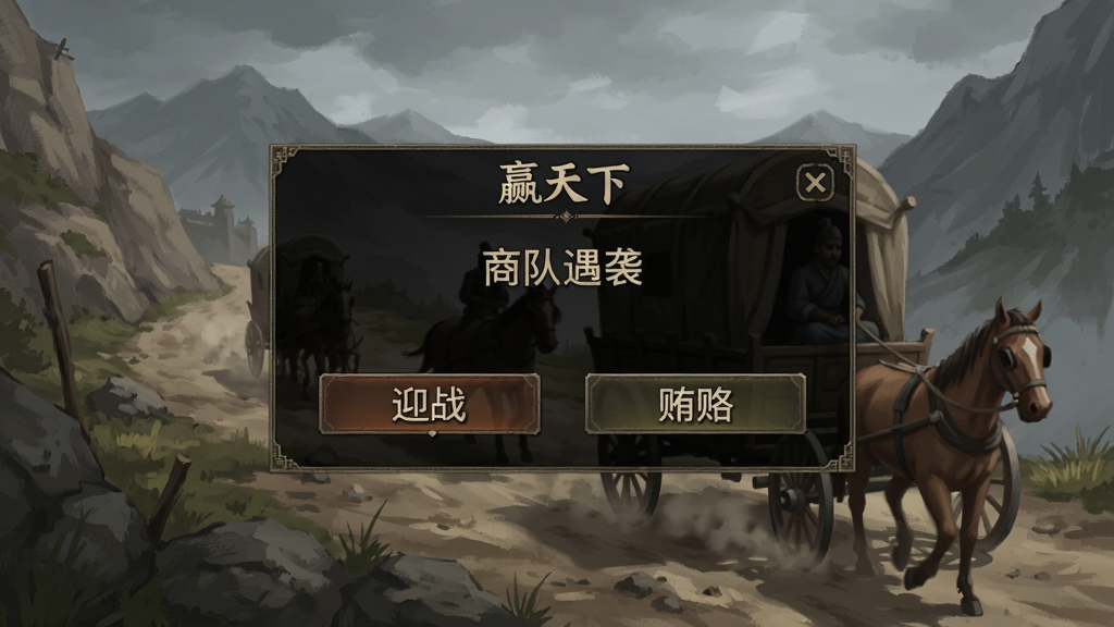 《赢天下》随机事件弹窗,画面中央显示“商队遇袭”事件,下方两个选项按钮“迎战”和“贿赂”,背景为山路和马车,氛围紧张,画质清晰,干净无多余元素
