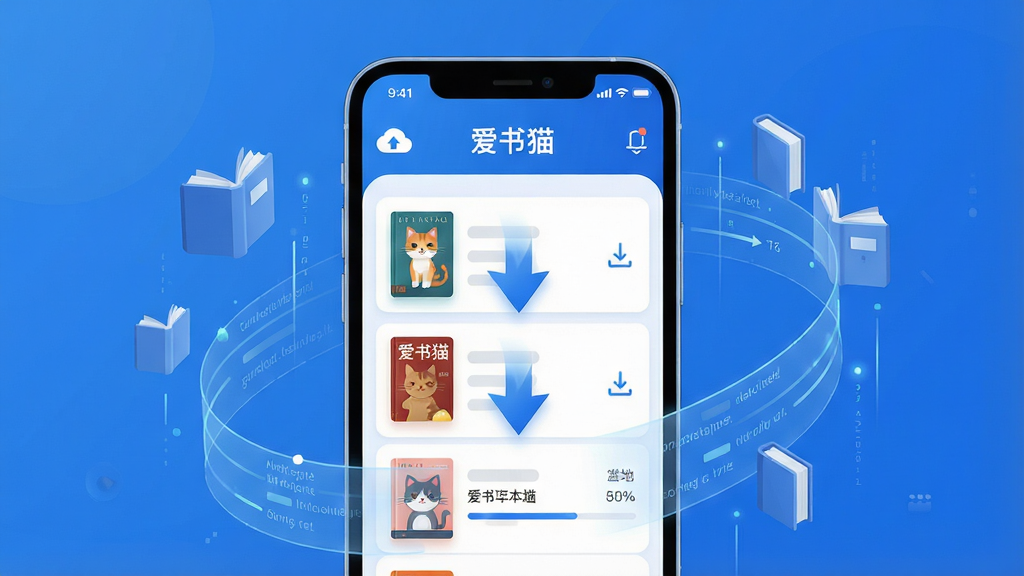 一张现代风格的科技感宣传图,主体是智能手机屏幕中显示“爱书猫”App界面,界面中有书籍列表从云端下载到本地的动态箭头示意。布局以手机为中心,周围环绕着轻盈的数据流线条和书本图标。排版干净简洁,采用蓝白主色调。风格扁平化设计结合微立体质感。细节上突出书籍封面缩略图和下载进度条。画质高清,干净无多余元素。