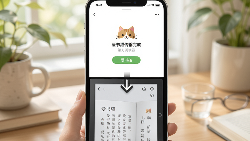 展示“爱书猫”无缝衔接第三方阅读器的场景图,主体是手机分屏界面,上半部分是爱书猫传输完成界面,下半部分是阅读器打开书籍的界面。布局采用上下结构,风格清新自然。细节中包含一个指向下方的箭头图标,暗示跳转动作。画质柔和,无多余元素。