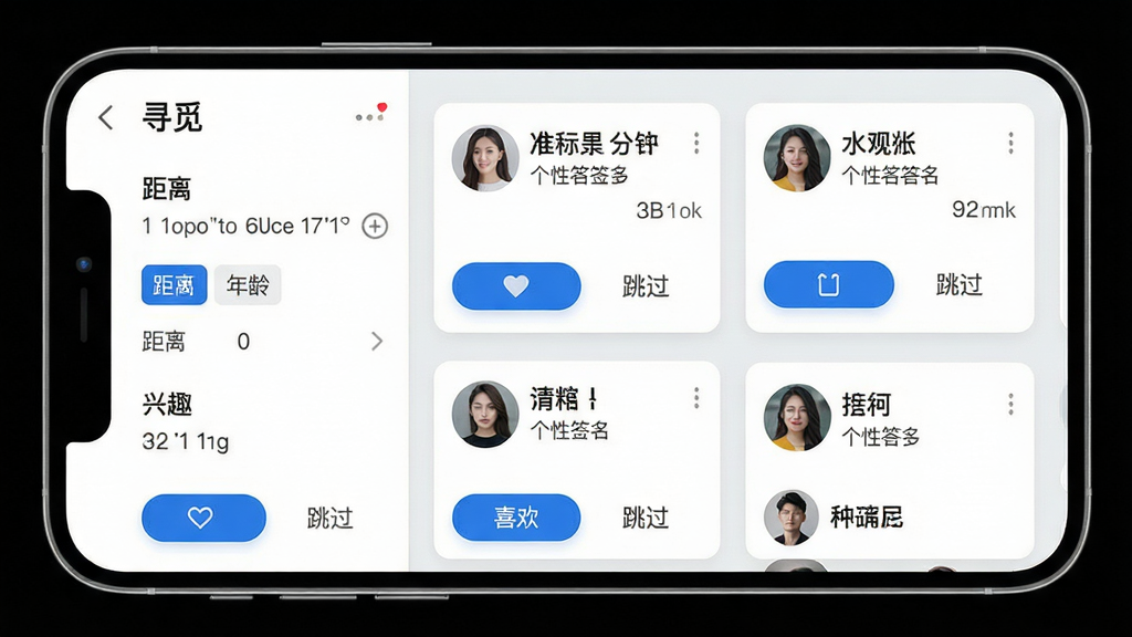 ���壺��Ѱ�١�APP��ͬ���Ƽ����ܽ��棬���Ϊɸѡ������壬�Ҳ�Ϊ���������������б������֣��ֻ�����չʾ�������Ϊ���������������Ϊɸѡ�����Ҳ�Ϊ�û���Ƭ�ٲ������Ű棺�û���Ƭչʾͷ���ǳơ�����ǩ���;��룬��Ƭ���д������¡���񣺼�������񣬱���Ϊǳ��ɫ��UIԪ���԰�ɫ��Ƭ����ɫ����ɫΪ����ϸ�ڣ�ɸѡ�������������롱�������䡱������Ȥ����ǩ����Ƭ�·��С�ϲ�����͡�������������ť�����ʣ����壬�ɾ����޶���Ԫ�ء�