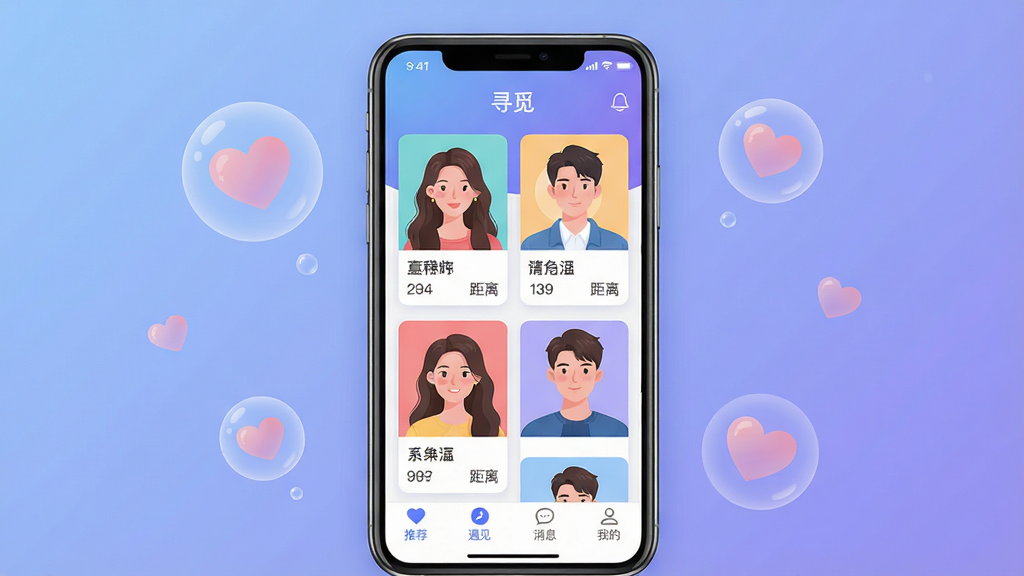 ���壺һ����Ϊ��Ѱ�١����ֻ�APP����չʾ����Ļ����ʾ�Ŷ�λ������Ů�Ŀ�Ƭʽͷ�񡣲��֣��ֻ�λ�ڻ������룬����Ϊ��͵Ľ�������ɫ����Χ�а�͸���İ��ĺ�����Ԫ��Ư�����Ű棺�ֻ���Ļ���泯����ڣ�APP���������ɼ����ײ��С��Ƽ�������������������Ϣ�������ҵġ��ĸ���ǩ��������ִ���ƽ���廭���ɫ�����죬��Ӱ��͡�ϸ�ڣ���Ļ�������ͷ����Ƭ������������Ȼ����Ƭ����ʾ�ǳơ�����;�����Ϣ�����ʣ����壬�ɾ����޶���Ԫ�ء�