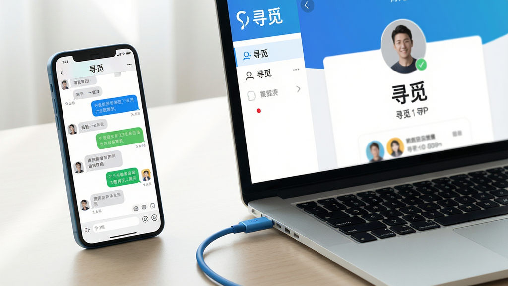 ���壺һ�������ֻ���һ̨�ʼǱ����Բ��ŷ��ã���Ļ�Ͼ���ʾ��Ѱ�١�APP��������档���֣��ֻ����󣬱ʼǱ����ң��м���һ����ɫ�����������ӣ���������ͬ�����Ű棺�ֻ���Ļ��ʾ�ŶԻ����ݣ�������Ļ��չʾ�ŷŴ���û�����ҳ�����дʵ��񣬹�������������Ϊ�ɾ���ǳɫ���档ϸ�ڣ������е����������ɱ棬�ֻ��͵��Ե���Ļ�϶��С�Ѱ�١���Logo�����ʣ����壬�ɾ����޶���Ԫ�ء�