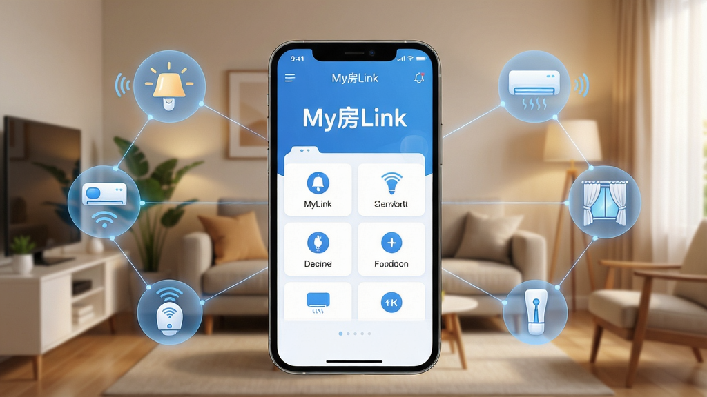 主体:智能家居控制界面,手机屏幕显示“My房Link”应用主界面,背景是温馨的客厅。布局:手机居中,周围环绕着灯光、空调、窗帘等智能设备图标,形成互联互通的视觉连接线。排版:界面图标排列整齐,色彩柔和,功能分区清晰。风格:现代简约,科技感与生活气息融合,色调以蓝白为主,干净明亮。细节:手机屏幕上的“My房Link”字样清晰可见,设备图标带有微小的动态效果,背景光线柔和。画质:8K超高清,细节丰富,干净无多余元素。