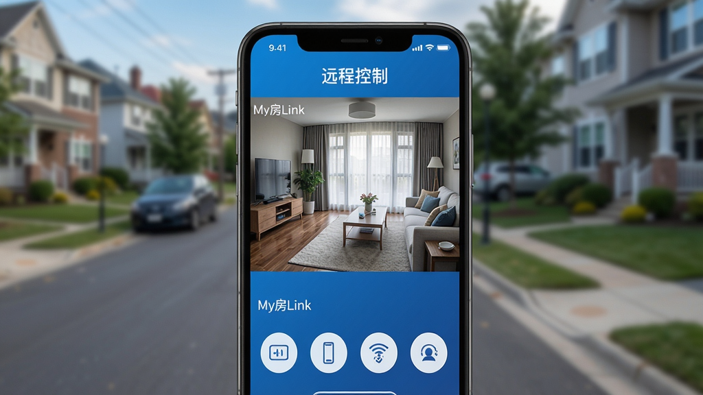 主体:手机屏幕显示“My房Link”的“远程控制”界面,背景为室外街道,前景手机画面显示家中客厅监控画面。布局:手机居中,屏幕内展示摄像头实时画面与设备控制按钮,画面清晰。排版:控制按钮为圆形图标,排列在屏幕下方,监控画面占主区域,顶部有“远程控制”标题。风格:科技感强,蓝色调为主,突出远程控制功能。细节:屏幕内有“My房Link”字样,监控画面清晰,控制按钮带有图标,背景虚化。画质:8K高清,干净无多余元素。