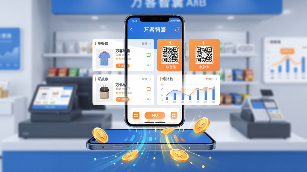 高清商业插画风格,主体为“万客智囊”APP界面悬浮在智能手机上方,手机下方有抽象的数据流和金币图标汇聚,背景是模糊的现代店铺收银台场景,布局采用中心构图,突出APP界面功能模块,排版干净,色彩以蓝白为主色调,点缀橙色高亮,细节包含商品列表、收款二维码、统计图表元素,整体画质清晰明亮,干净无多余杂物