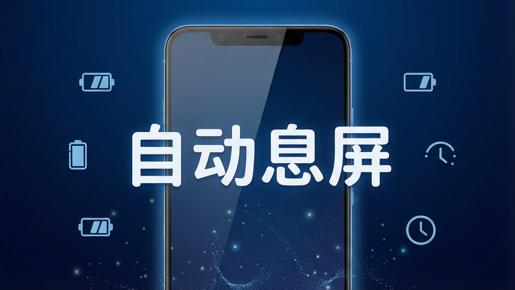 主体:一部安卓智能手机屏幕亮起,显示“自动息屏”四个大字,周围有电量图标和时间图标环绕。布局:手机居中,背景为深蓝色渐变,下方有细微的粒子光效。排版:文字置于屏幕中央,字体圆润清晰。风格:科技感、简洁现代。细节:屏幕反射微光,边缘有柔光效果。画质:高清渲染,干净无多余元素