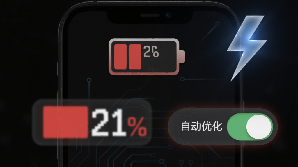 主体:手机电量图标显示20%红色,旁边有“自动优化”开关按钮。布局:手机居中,背景为暗色,有一道闪电图标。排版:图标醒目,按钮高亮。风格:警示感、科技。细节:电池电量数字清晰。画质:高清,干净