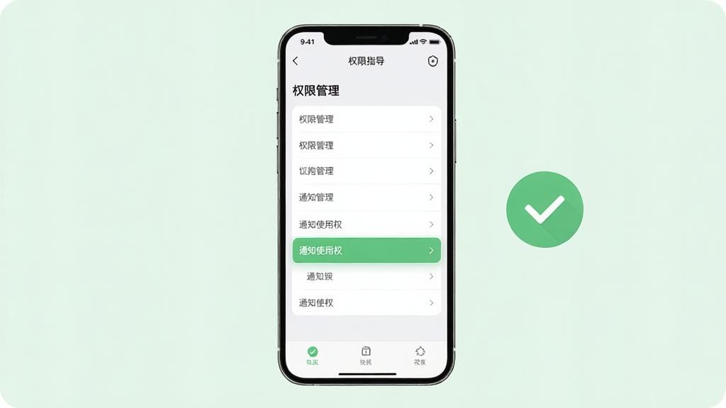 主体:手机屏幕显示设置界面,有“权限管理”页面。布局:手机居中,背景为浅绿色,有对勾图标。排版:权限列表清晰。风格:简洁、指导性。细节:高亮“通知使用权”选项。画质:高清,干净