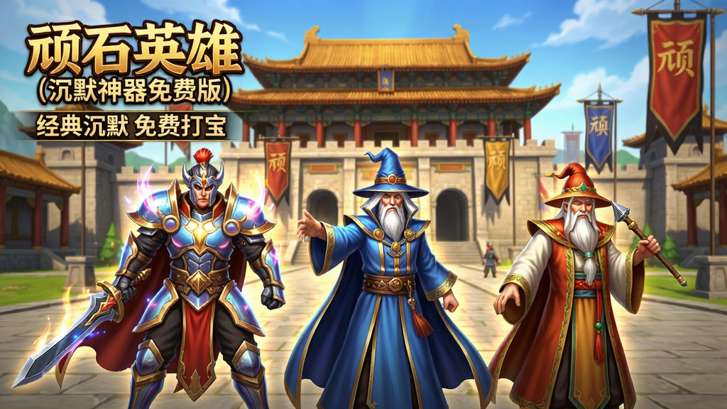 画面中央展示游戏主城安全区的热闹景象,身穿流光特效铠甲的战士、法师、道士三职业角色并排站立,背景是宏伟的复古风格皇宫建筑与飘扬的战旗,画面左上角带有“顽石英雄(沉默神器免费版)”金色艺术字Logo,下方辅以“经典沉默 免费打宝”宣传标语。整体采用2.5D写实风格,色彩鲜艳明亮,人物细节饱满,光影效果出色,突出游戏高品质画面与浓厚的传奇氛围,画质细腻干净,无多余杂乱元素。