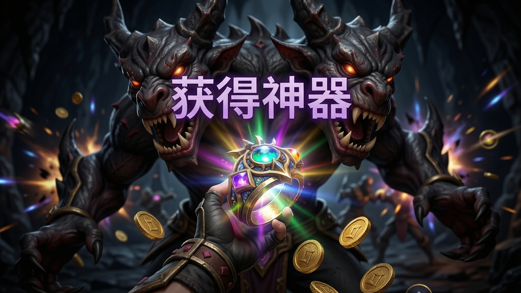 特写镜头聚焦在游戏角色从一只巨大的暗黑双头血魔BOSS身上拾取到一件散发着七彩光芒的“沉默戒指”瞬间,爆出的装备与金币散落一地,界面中央弹出醒目的“获得神器”紫色字样。画面布局以角色和战利品为中心,周围是幽暗的洞穴环境与战斗特效残影,采用写实渲染风格,装备流光细节清晰可见,画质高清富有质感,整体氛围紧张刺激且充满成就感,无多余UI界面。