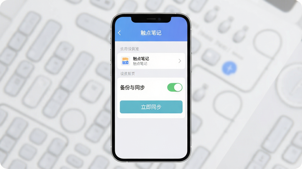 触点笔记使用教程示意图,手机屏幕展示设置界面中的备份与同步选项,有开关按钮和“立即同步”文字,背景为浅灰色,突出“触点笔记”的实用功能,布局直观,细节清晰,画质干净