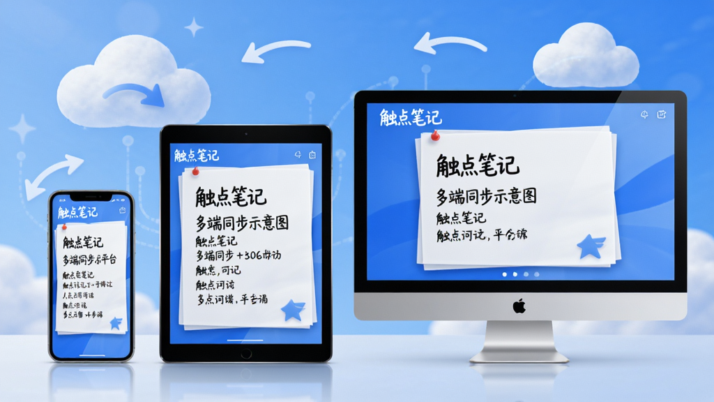 触点笔记多端同步示意图,展示手机、平板和电脑屏幕上的相同笔记内容,背景有云朵和同步箭头图标,色调为蓝色系,突出“触点笔记”的跨平台特性,布局合理,细节清晰,画质高
