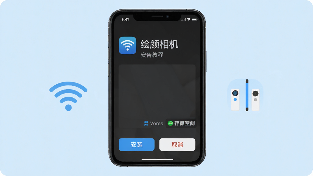 绘颜相机安装教程示意图,手机屏幕显示应用安装界面,底部有“安装”和“取消”按钮,旁边有WiFi图标和存储空间标识,背景为浅蓝色,简洁清晰,高清画质,干净无多余元素