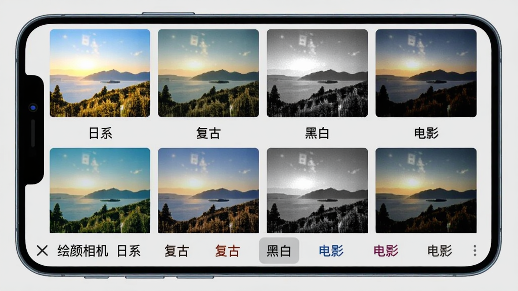 绘颜相机滤镜选择界面,手机屏幕上排列着多张同一风景照片,分别应用不同滤镜效果,如“日系”、“复古”、“黑白”、“电影”等,底部横向滚动条展示滤镜名称,背景为浅灰色,界面简洁直观,高清画质,色彩丰富,干净无多余元素